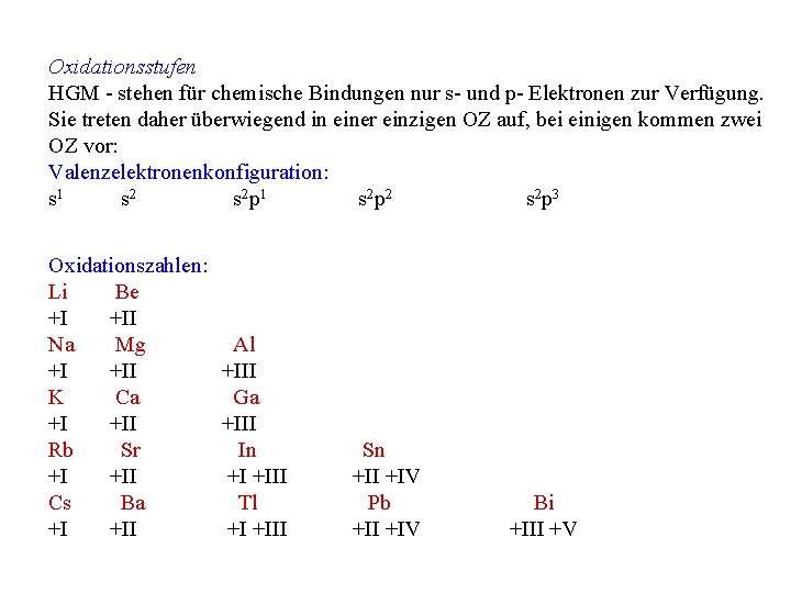 Oxidationsstufen HGM - stehen für chemische Bindungen nur s- und p- Elektronen zur Verfügung.