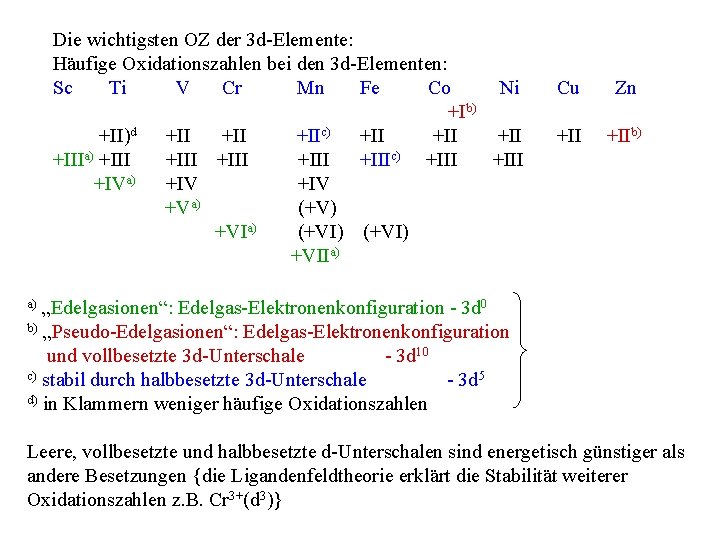 Die wichtigsten OZ der 3 d-Elemente: Häufige Oxidationszahlen bei den 3 d-Elementen: Sc Ti