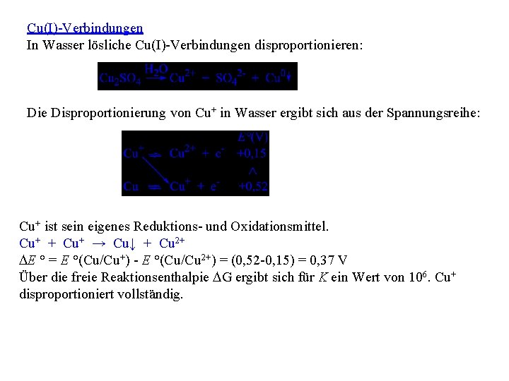 Cu(I)-Verbindungen In Wasser lösliche Cu(I)-Verbindungen disproportionieren: Die Disproportionierung von Cu+ in Wasser ergibt sich