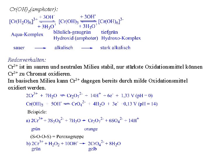 Cr(OH)3(amphoter): Redoxverhalten: Cr 3+ ist im sauren und neutralen Milieu stabil, nur stärkste Oxidationsmittel