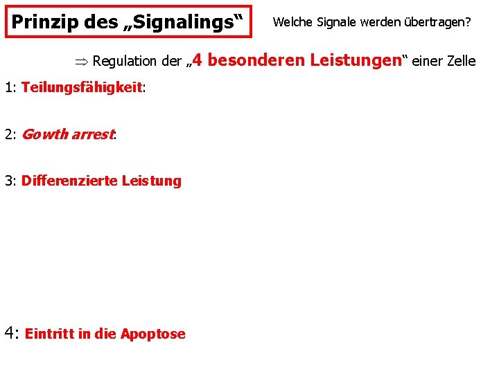 Prinzip des „Signalings“ Regulation der „ 4 1: Teilungsfähigkeit: 2: Gowth arrest: 3: Differenzierte