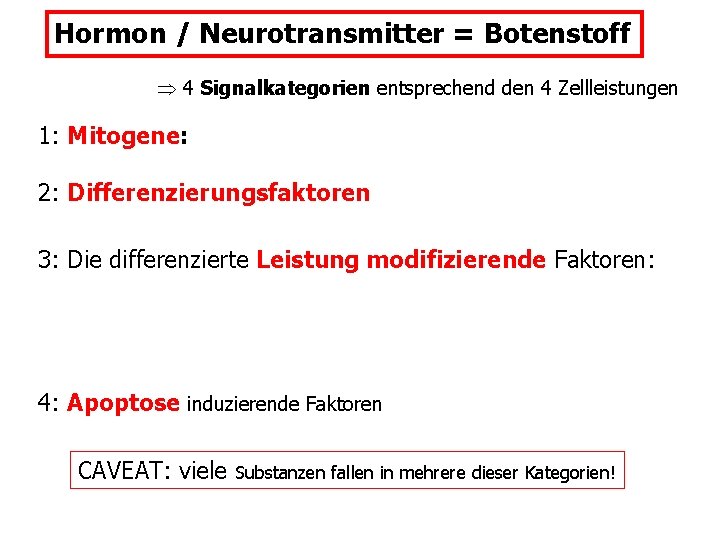 Hormon / Neurotransmitter = Botenstoff 4 Signalkategorien entsprechend den 4 Zellleistungen 1: Mitogene: 2: