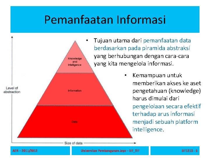 Pemanfaatan Informasi • Tujuan utama dari pemanfaatan data berdasarkan pada piramida abstraksi yang berhubungan