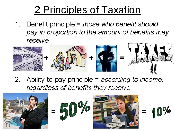 2 Principles of Taxation 1. Benefit principle = those who benefit should pay in