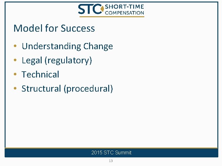 Model for Success • • Understanding Change Legal (regulatory) Technical Structural (procedural) 2015 STC