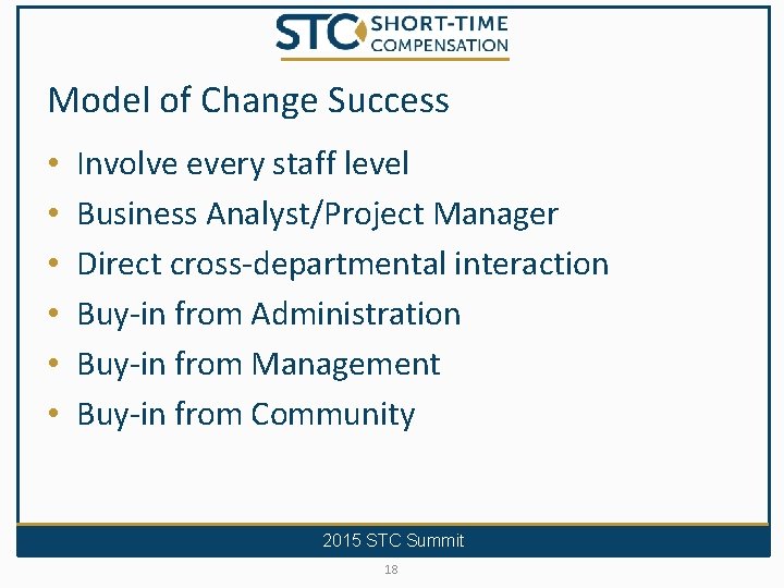 Model of Change Success • • • Involve every staff level Business Analyst/Project Manager