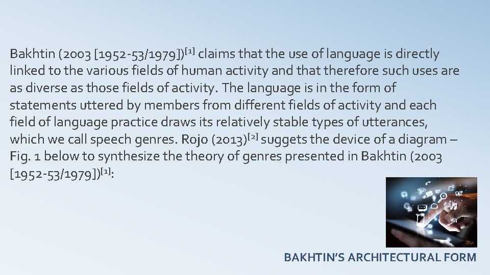 Bakhtin (2003 [1952 -53/1979])[1] claims that the use of language is directly linked to