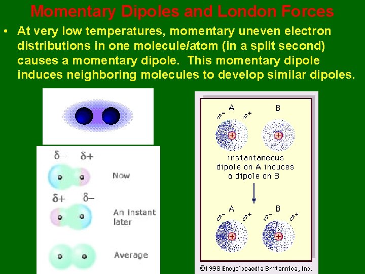 Momentary Dipoles and London Forces • At very low temperatures, momentary uneven electron distributions