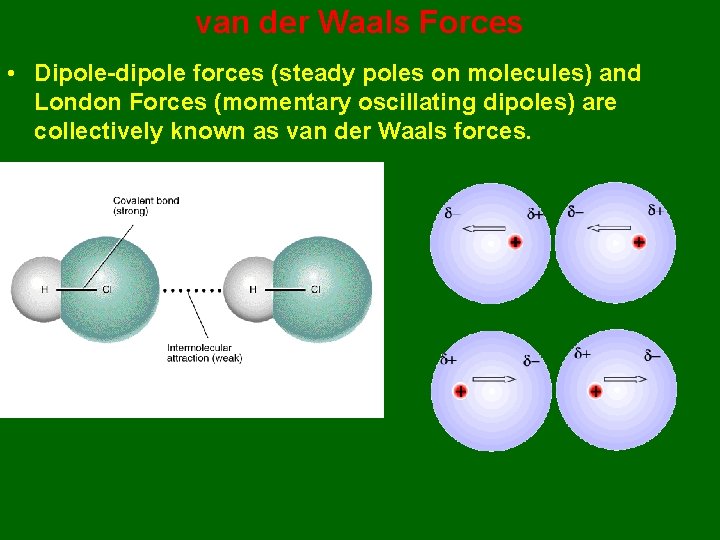 van der Waals Forces • Dipole-dipole forces (steady poles on molecules) and London Forces