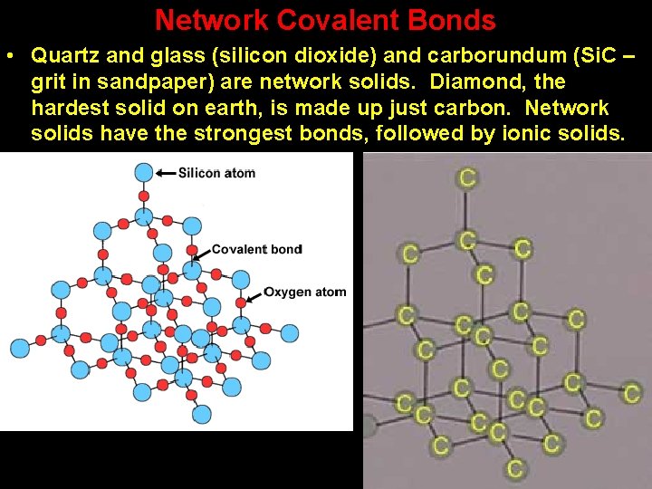 Network Covalent Bonds • Quartz and glass (silicon dioxide) and carborundum (Si. C –