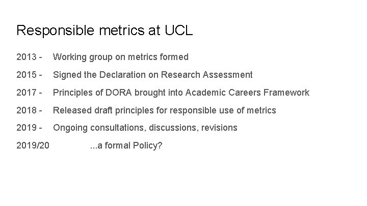 Responsible metrics at UCL 2013 - Working group on metrics formed 2015 - Signed