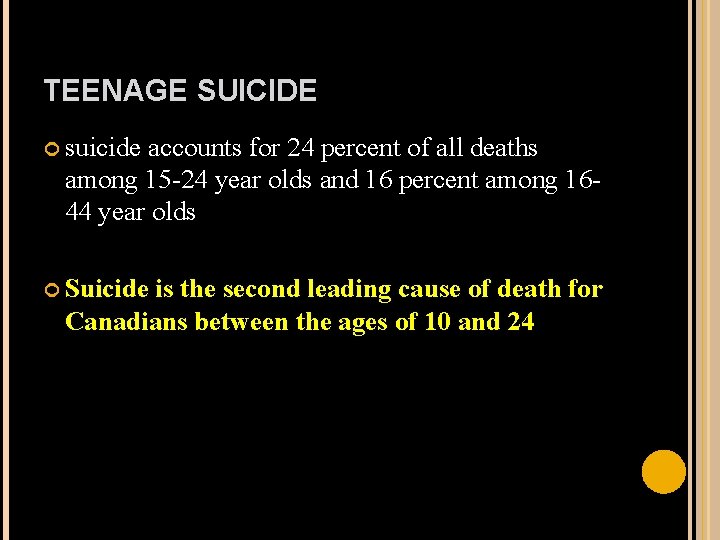TEENAGE SUICIDE suicide accounts for 24 percent of all deaths among 15 -24 year