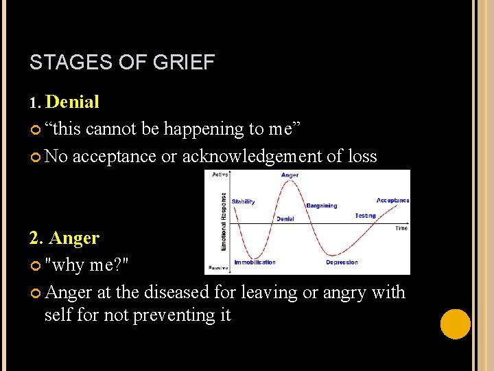 STAGES OF GRIEF 1. Denial “this cannot be happening to me” No acceptance or