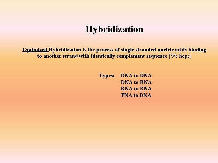 Hybridization Optimized Hybridization is the process of single stranded nucleic acids binding to another