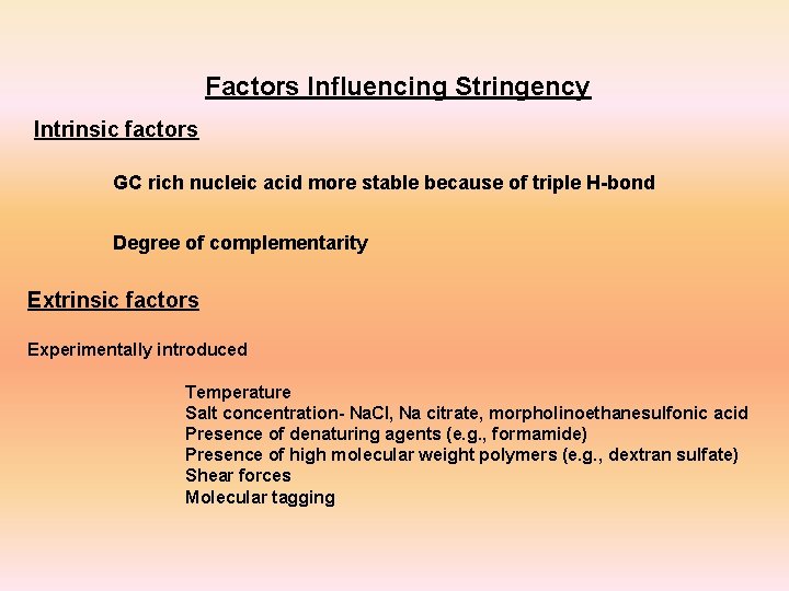 Factors Influencing Stringency Intrinsic factors GC rich nucleic acid more stable because of triple