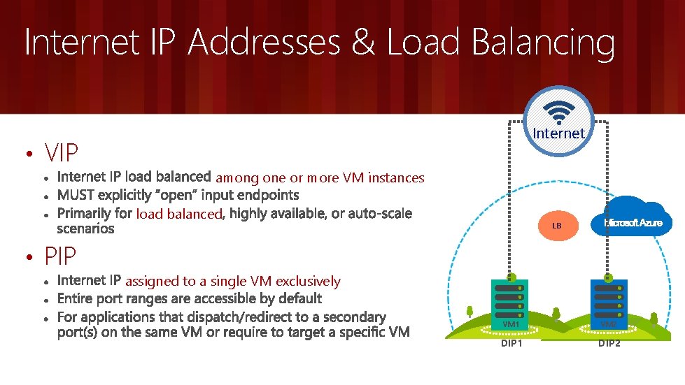 Internet IP Addresses & Load Balancing • VIP Internet among one or more VM