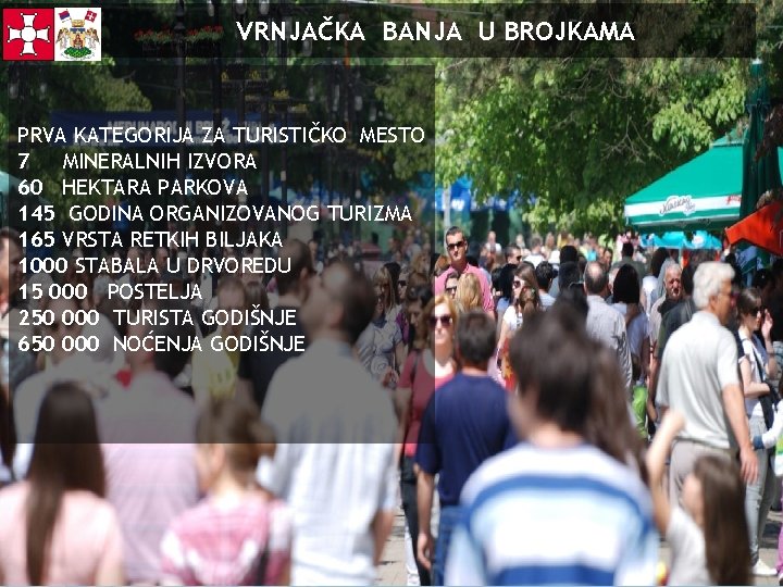 VRNJAČKA BANJA U BROJKAMA PRVA KATEGORIJA ZA TURISTIČKO MESTO 7 MINERALNIH IZVORA 60 HEKTARA