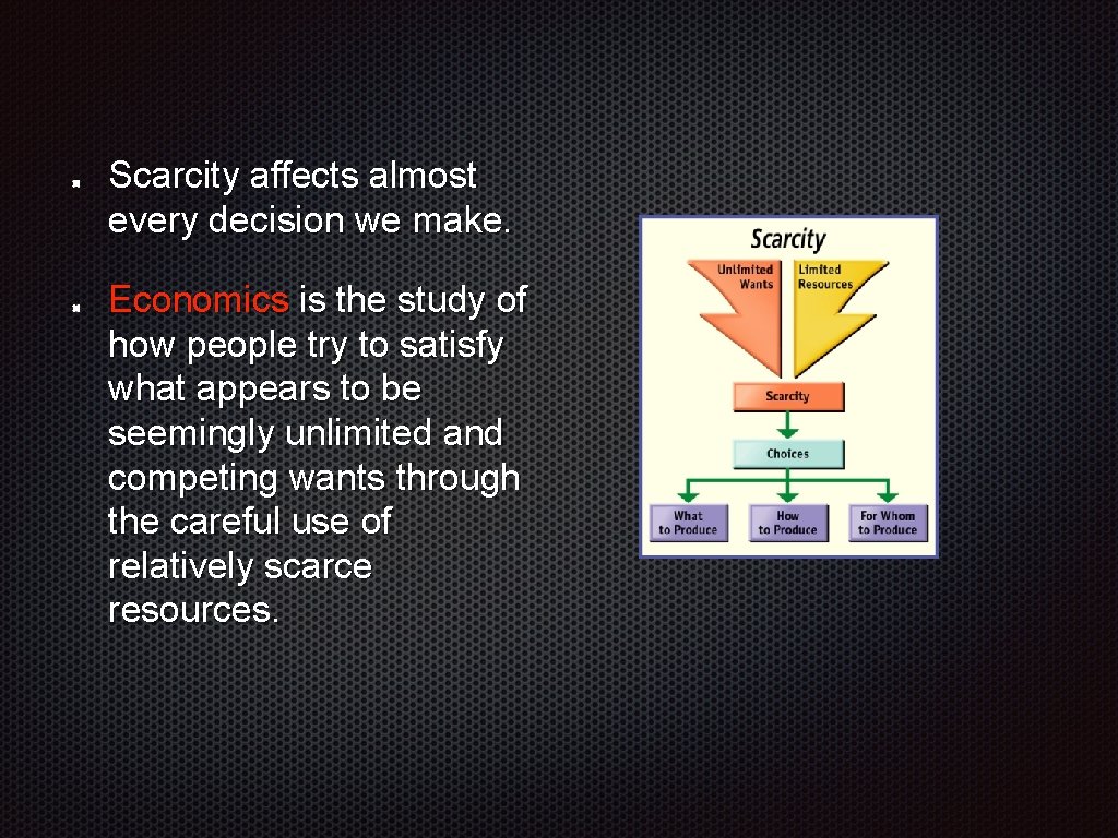 Scarcity affects almost every decision we make. Economics is the study of how people