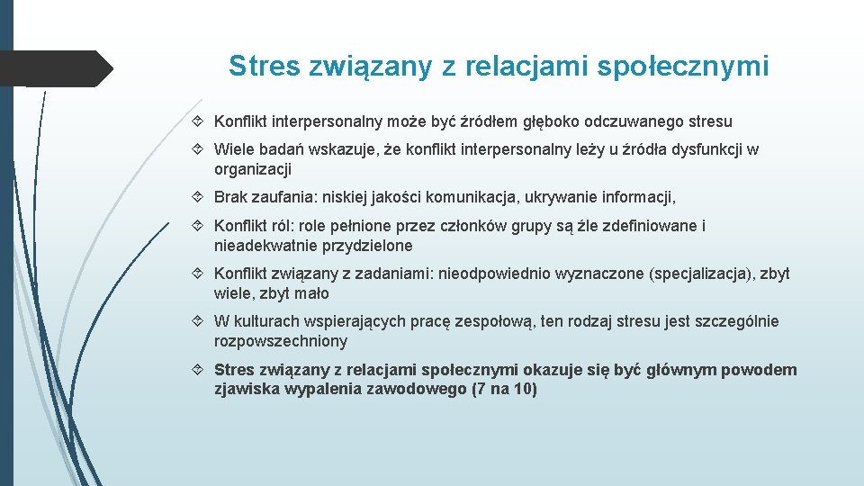 Stres związany z relacjami społecznymi Konflikt interpersonalny może być źródłem głęboko odczuwanego stresu Wiele