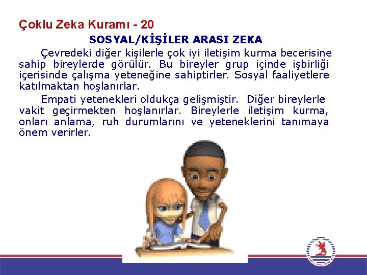 Çoklu Zeka Kuramı - 20 SOSYAL/KİŞİLER ARASI ZEKA Çevredeki diğer kişilerle çok iyi iletişim