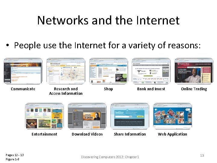 Networks and the Internet • People use the Internet for a variety of reasons: