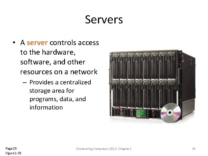 Servers • A server controls access to the hardware, software, and other resources on