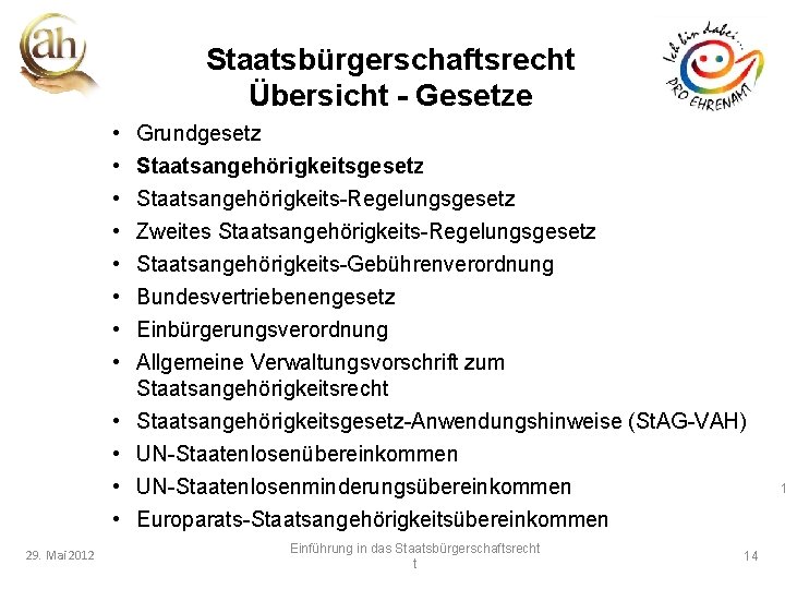 Staatsbürgerschaftsrecht Übersicht - Gesetze • • • 29. Mai 2012 Grundgesetz Staatsangehörigkeits-Regelungsgesetz Zweites Staatsangehörigkeits-Regelungsgesetz