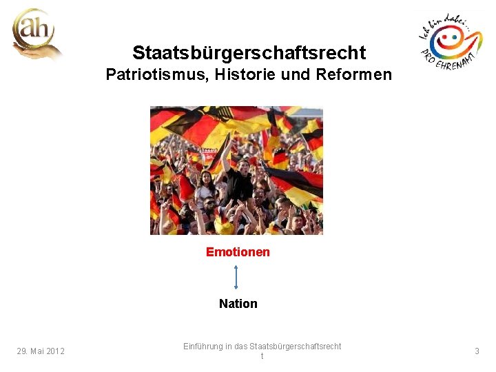 Staatsbürgerschaftsrecht Patriotismus, Historie und Reformen Emotionen Nation 29. Mai 2012 Einführung in das Staatsbürgerschaftsrecht