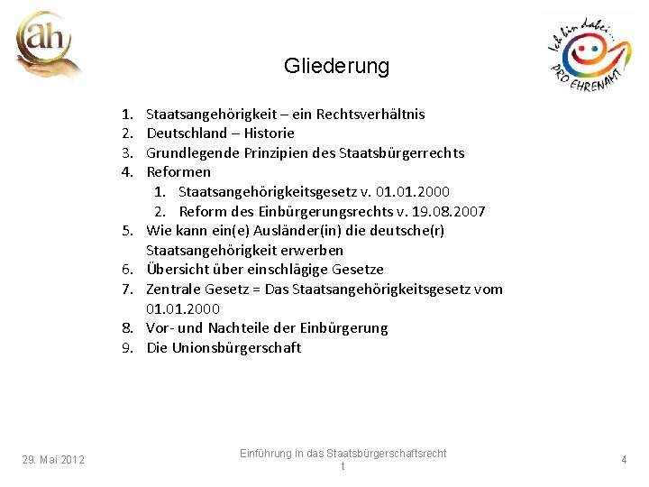 Gliederung 1. 2. 3. 4. 5. 6. 7. 8. 9. 29. Mai 2012 Staatsangehörigkeit