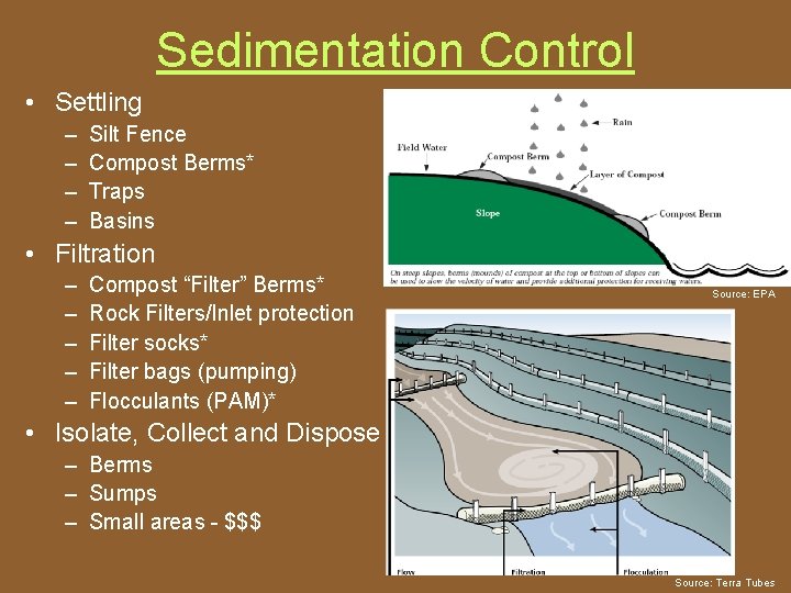 Sedimentation Control • Settling – – Silt Fence Compost Berms* Traps Basins • Filtration