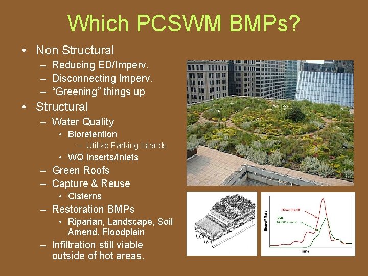 Which PCSWM BMPs? • Non Structural – Reducing ED/Imperv. – Disconnecting Imperv. – “Greening”