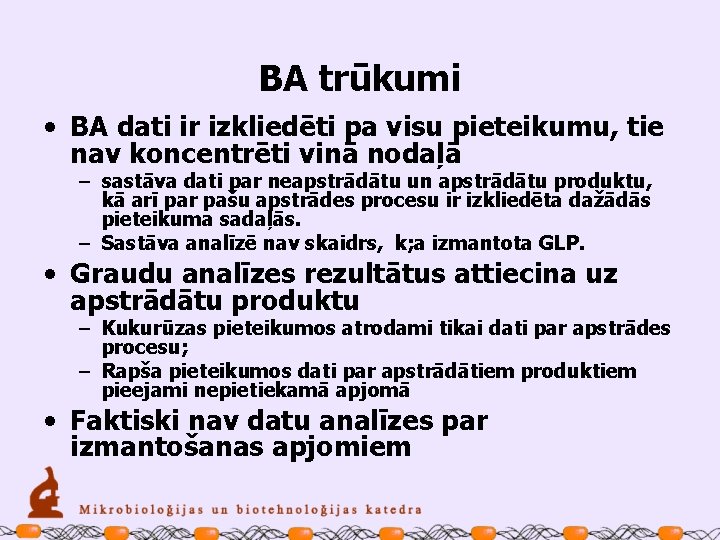 BA trūkumi • BA dati ir izkliedēti pa visu pieteikumu, tie nav koncentrēti vinā