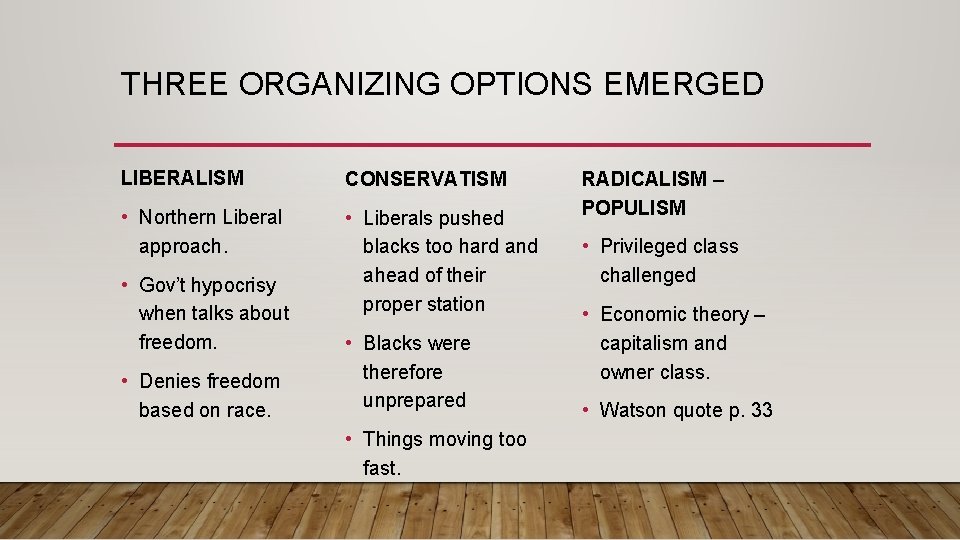 THREE ORGANIZING OPTIONS EMERGED LIBERALISM CONSERVATISM • Northern Liberal approach. • Liberals pushed blacks