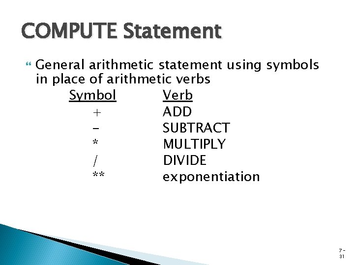 COMPUTE Statement General arithmetic statement using symbols in place of arithmetic verbs Symbol Verb