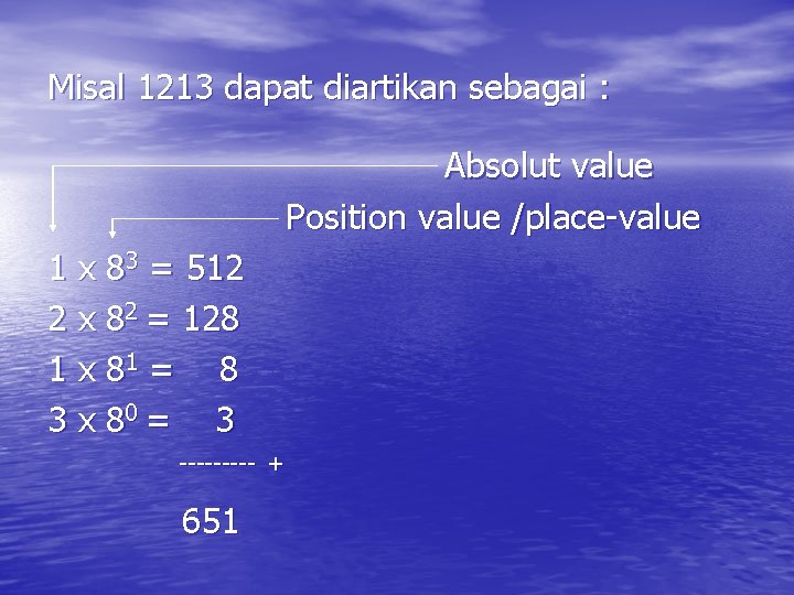 Misal 1213 dapat diartikan sebagai : Absolut value Position value /place-value 1 x 83