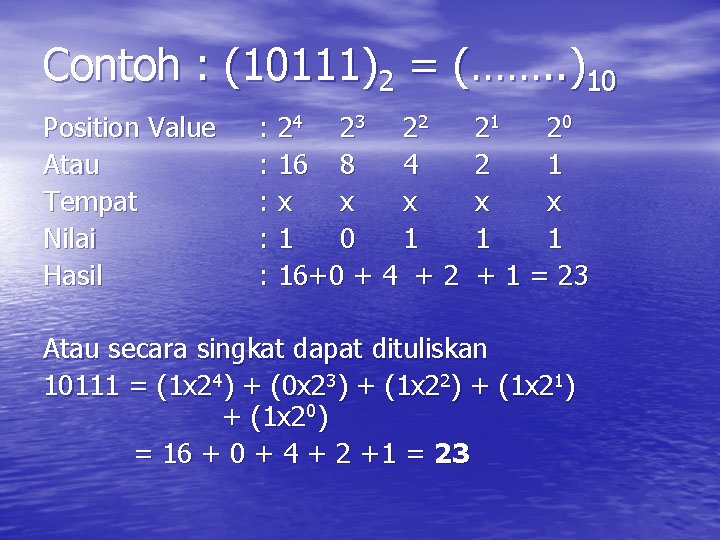 Contoh : (10111)2 = (……. . )10 Position Value Atau Tempat Nilai Hasil :