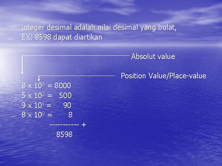 integer desimal adalah nilai desimal yang bulat, EX: 8598 dapat diartikan Absolut value Position