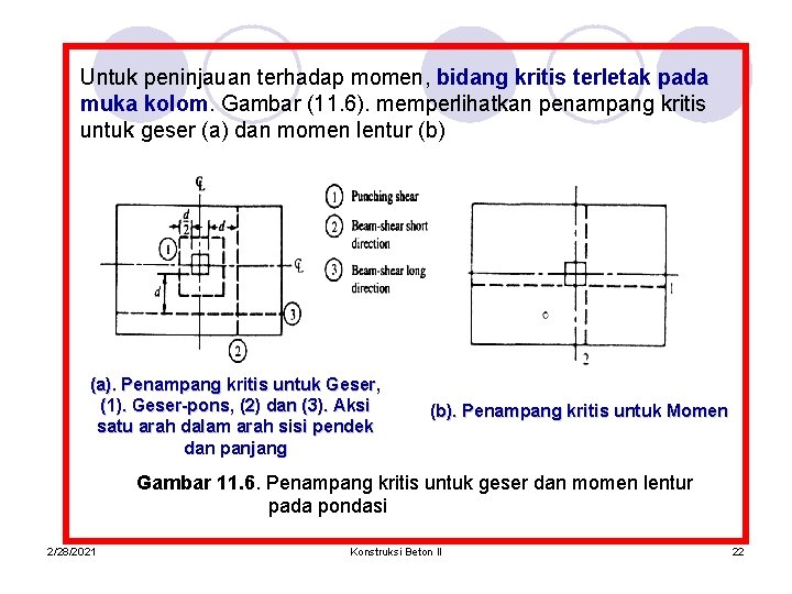 Untuk peninjauan terhadap momen, bidang kritis terletak pada muka kolom. Gambar (11. 6). memperlihatkan