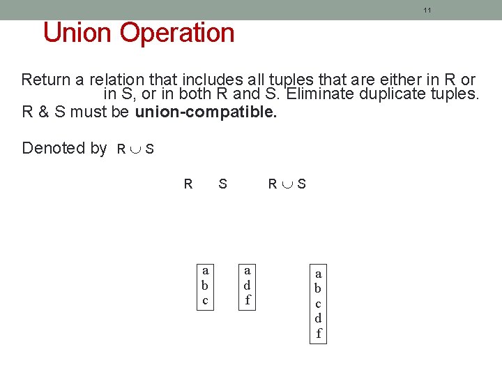 11 Union Operation Return a relation that includes all tuples that are either in