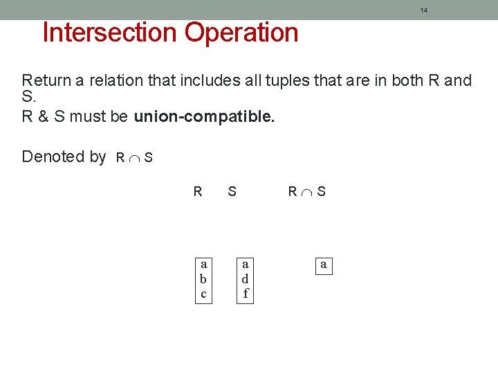 14 Intersection Operation Return a relation that includes all tuples that are in both