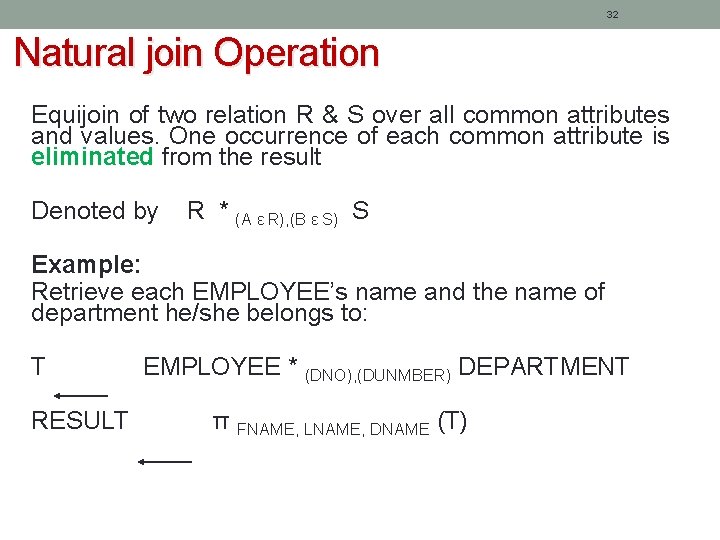 32 Natural join Operation Equijoin of two relation R & S over all common
