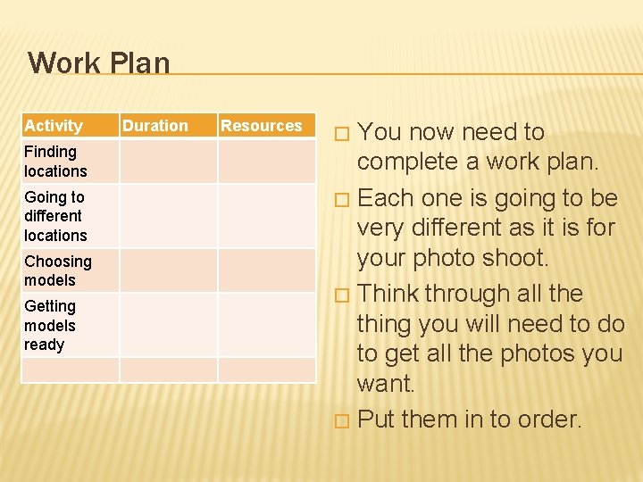 Work Plan Activity Finding locations Going to different locations Choosing models Getting models ready