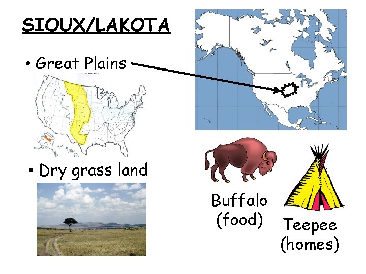 SIOUX/LAKOTA • Great Plains • Dry grass land Buffalo (food) Teepee (homes) 