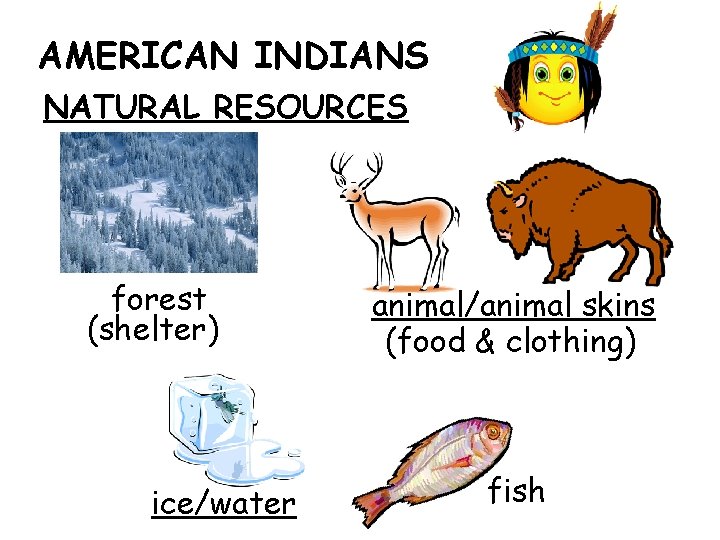 AMERICAN INDIANS NATURAL RESOURCES forest (shelter) ice/water animal/animal skins (food & clothing) fish AMERICAN INDIANS NATURAL RESOURCES forest (shelter) ice/water animal/animal skins (food & clothing) fish