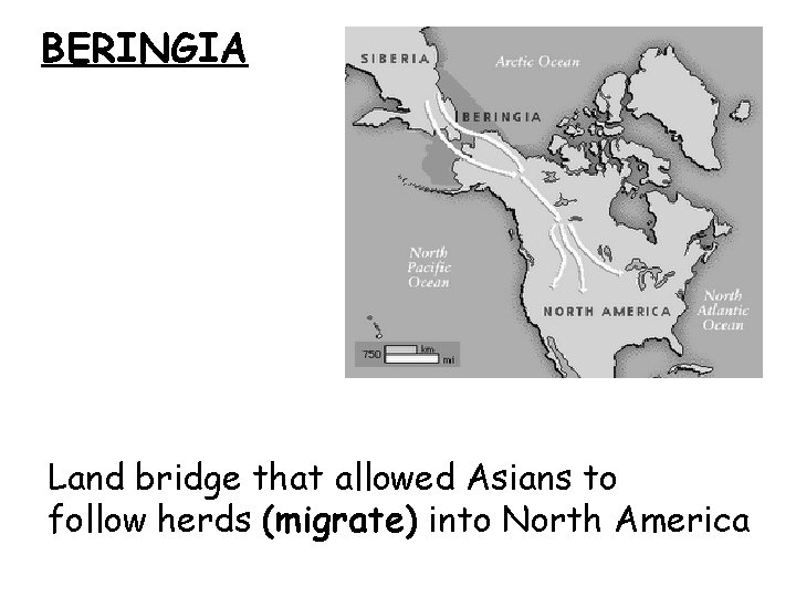 BERINGIA Land bridge that allowed Asians to follow herds (migrate) into North America BERINGIA Land bridge that allowed Asians to follow herds (migrate) into North America