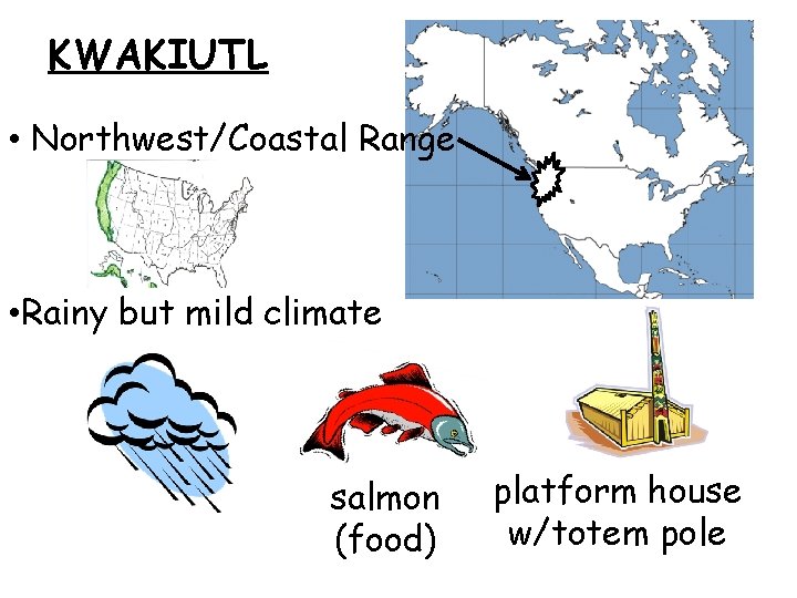 KWAKIUTL • Northwest/Coastal Range • Rainy but mild climate salmon (food) platform house w/totem KWAKIUTL • Northwest/Coastal Range • Rainy but mild climate salmon (food) platform house w/totem