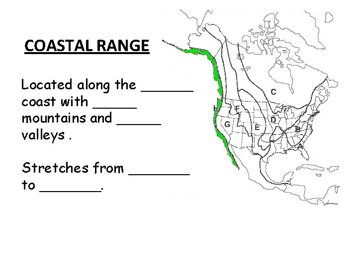 COASTAL RANGE Located along the ______ coast with _____ mountains and _____ valleys. Stretches