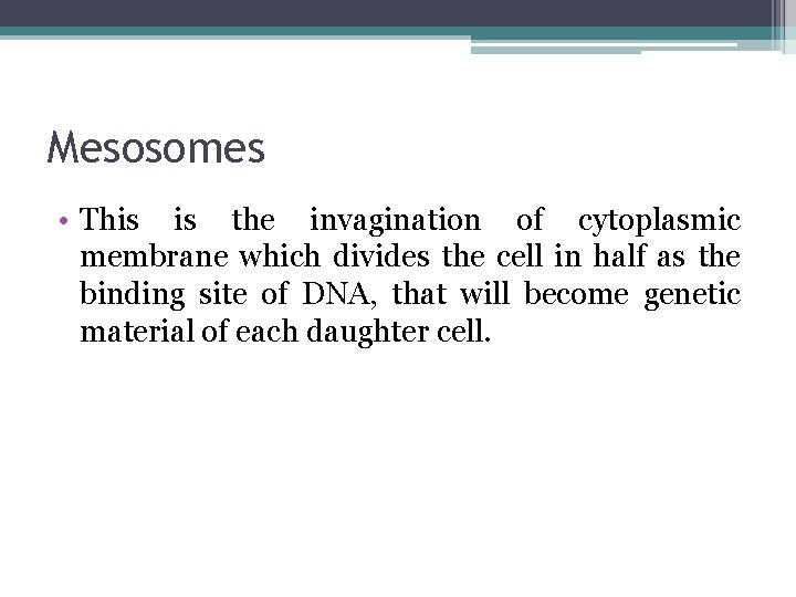Mesosomes • This is the invagination of cytoplasmic membrane which divides the cell in