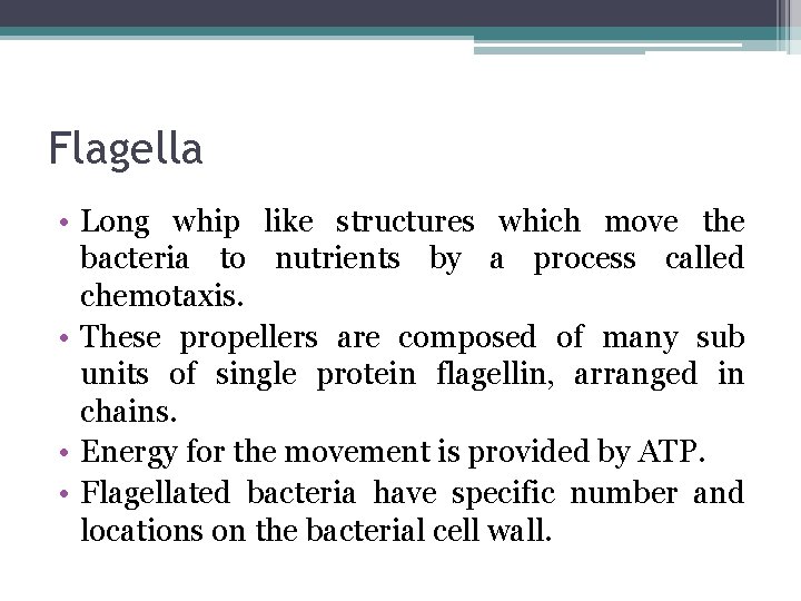 Flagella • Long whip like structures which move the bacteria to nutrients by a