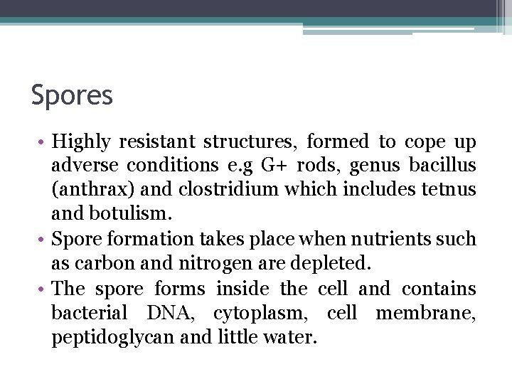 Spores • Highly resistant structures, formed to cope up adverse conditions e. g G+